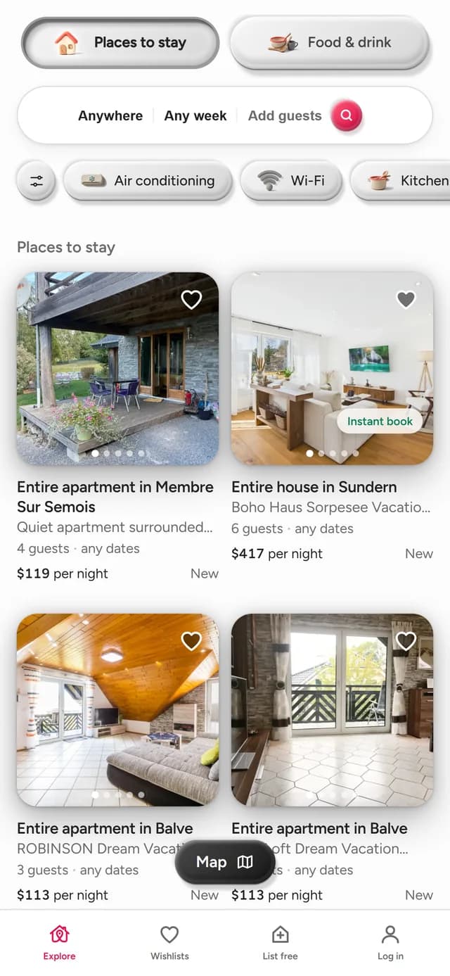 Zoekresultaten in de BookNoFees-app: accommodaties met foto’s en prijzen