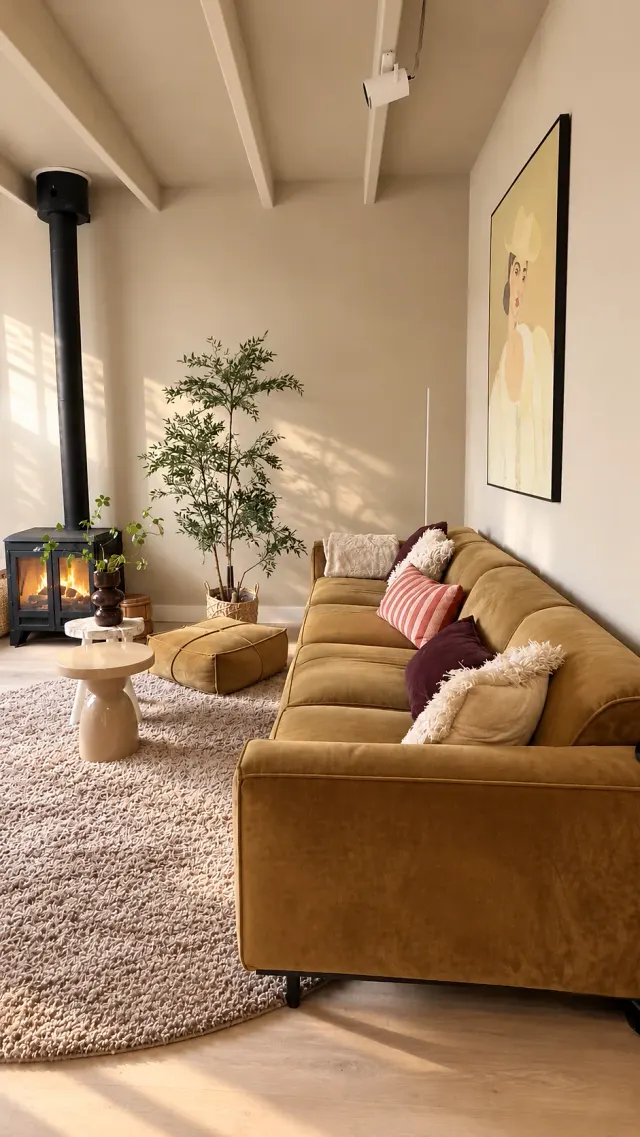 BookNoFees : location de vacances à Oost-Souburg, Zélande, Pays-Bas – Salon avec un canapé couleur moutarde, un poêle à bois et une grande décoration murale