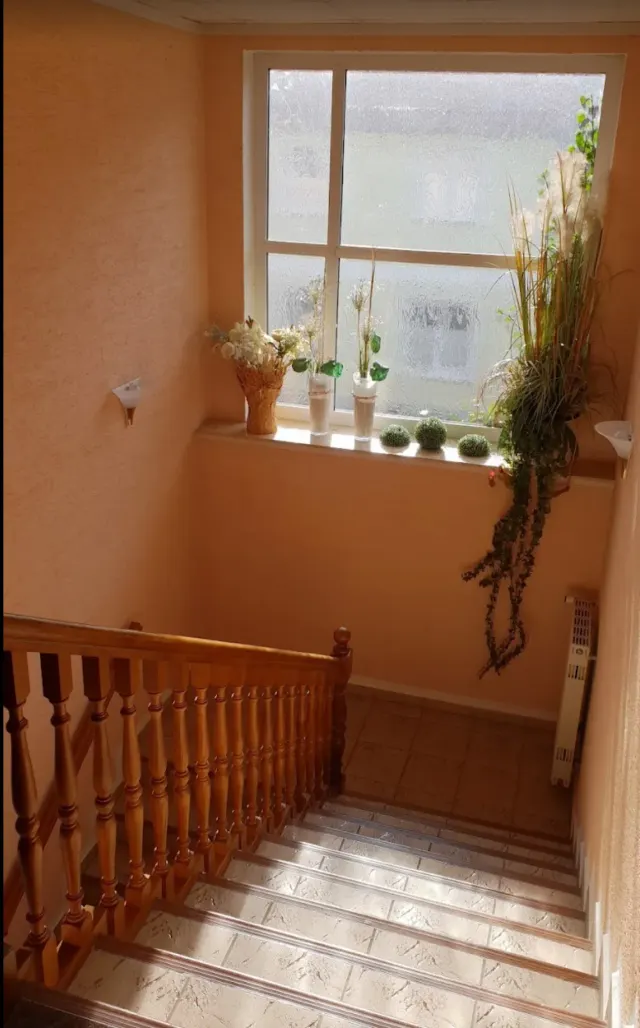 BookNoFees : location de vacances à Schönfeld, Saxe, Allemagne – Escalier avec rampe en bois et fenêtre dont le rebord est orné de plantes en pot