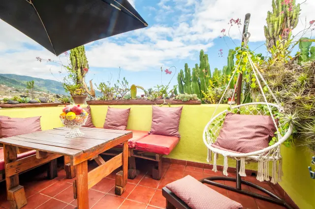 BookNoFees : location de vacances à Breña Alta, La Palma, Espagne – Terrasse sur le toit avec table en bois, bancs rembourrés, fauteuil suspendu et jardin de cactus avec vue sur la montagne
