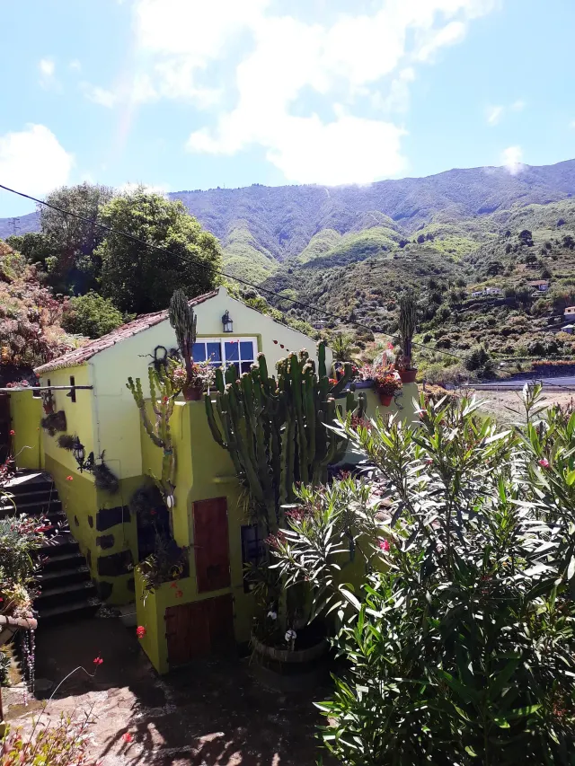 BookNoFees: vakantiehuis in Breña Alta, La Palma, Spanje – Buitenkant van een geel huis met cactussen en uitzicht op de bergen