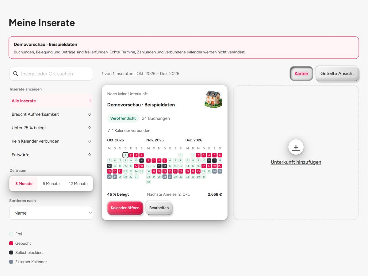 BookNoFees-Vermieterübersicht mit Beispielunterkünften, Inseratsstatus und Kalender.