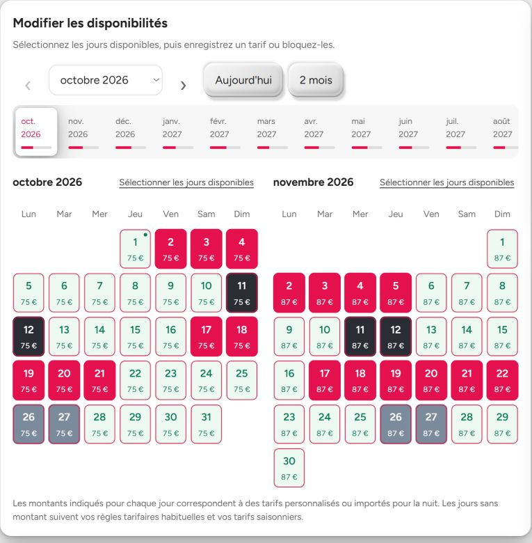 Calendrier de disponibilité BookNoFees avec des exemples de tarifs à la nuit, de jours indisponibles et de réservations.