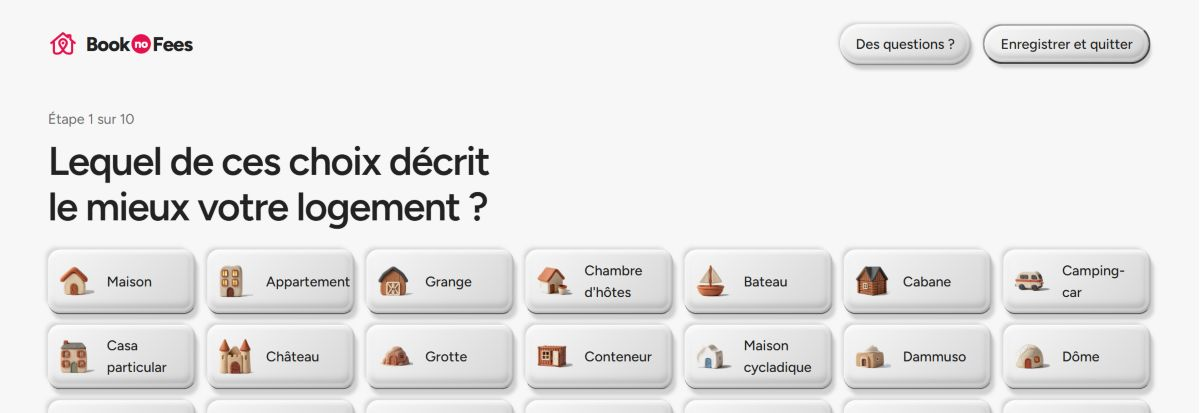 Annonce BookNoFees : dans un premier temps, sélectionnez le type d'hébergement.
