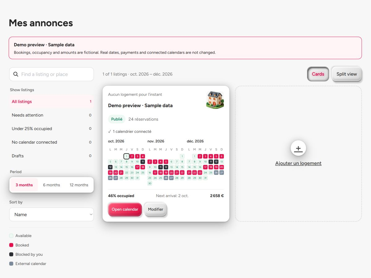 Aperçu des hôtes BookNoFees avec des exemples d'hébergements, le statut des annonces et le calendrier.