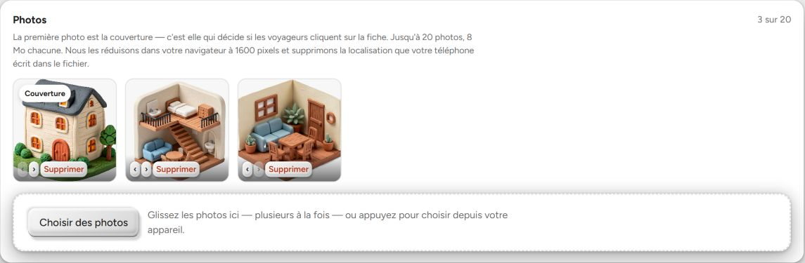 Modifier une annonce BookNoFees : ajouter des photos, modifier leur ordre et sélectionner l'image de couverture.