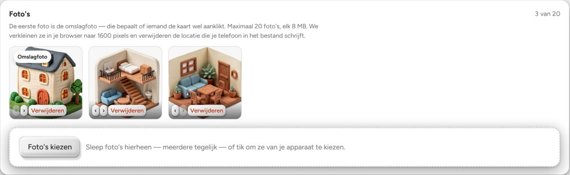 BookNoFees-advertentie bewerken: foto’s toevoegen, de volgorde ervan wijzigen en de titelafbeelding selecteren.
