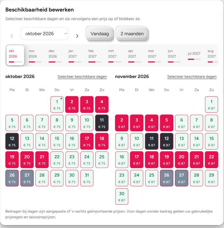 BookNoFees-bezettingskalender met voorbeeldprijzen per nacht, geblokkeerde dagen en boekingen.
