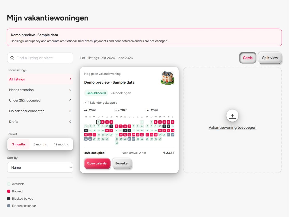 BookNoFees-verhuurdersoverzicht met voorbeeldaccommodaties, advertentiestatus en kalender.